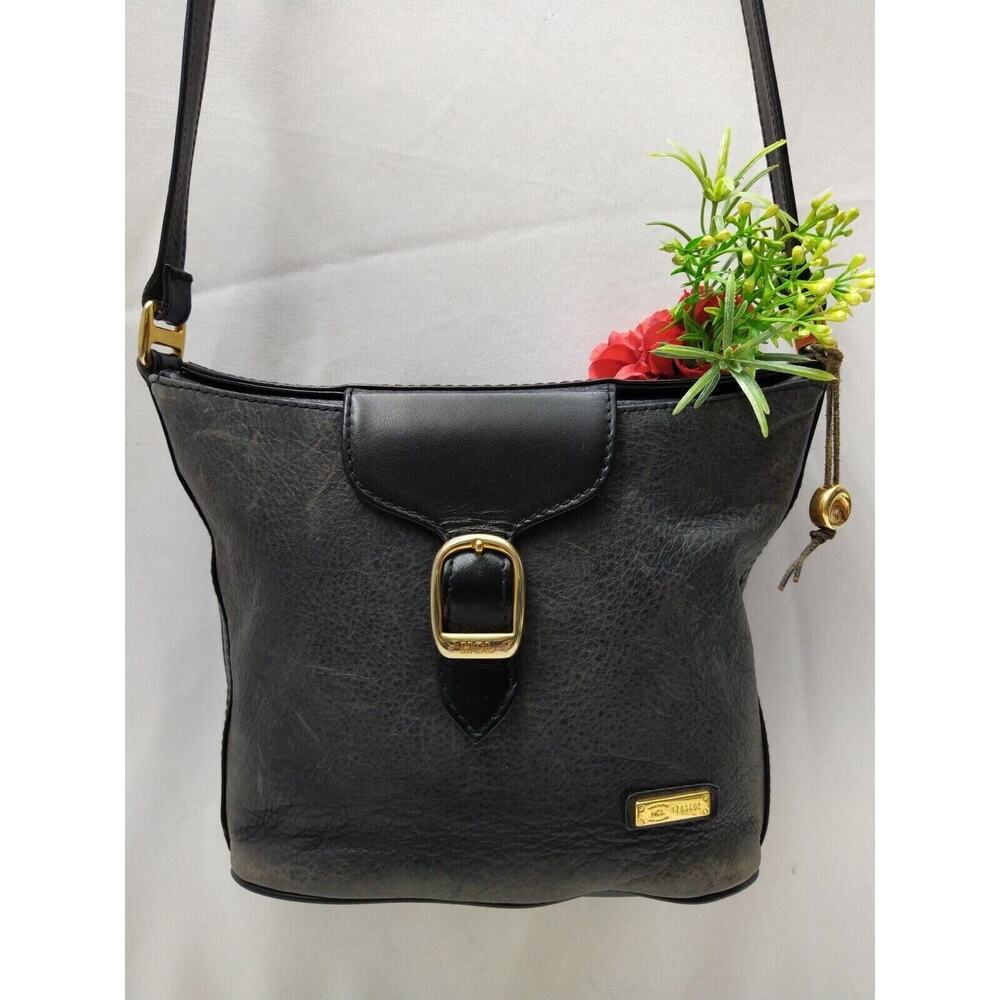 HCL Black Gray Leather Buckle Flap Crossbody Bag - VTG Made in Germany